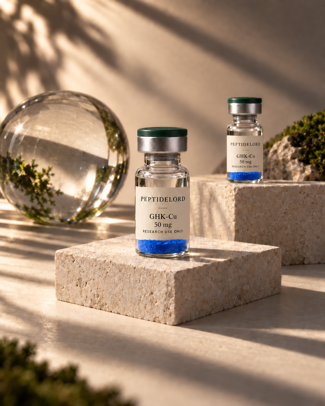 GHK-Cu concept vials containing blue powder on stone plinths